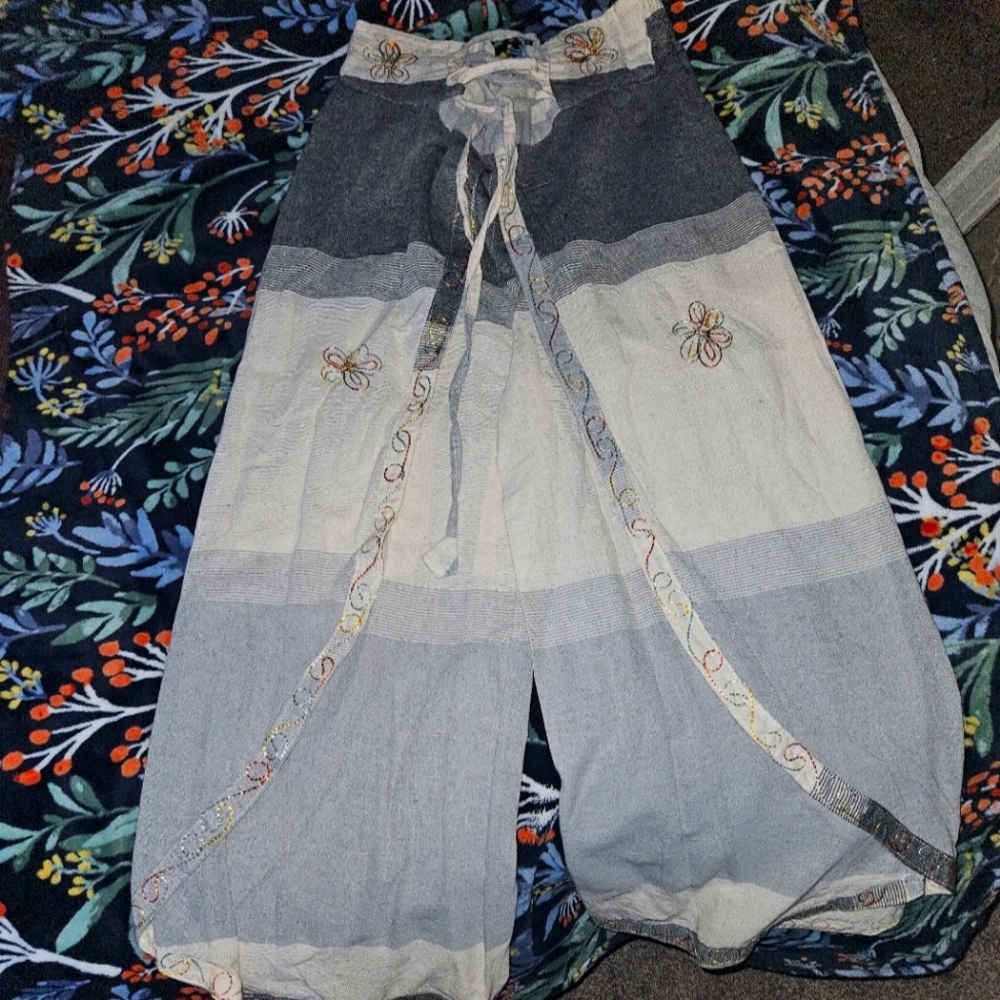 Wide leg India Style pants. Embroidery details. Classic greys and cream colors.